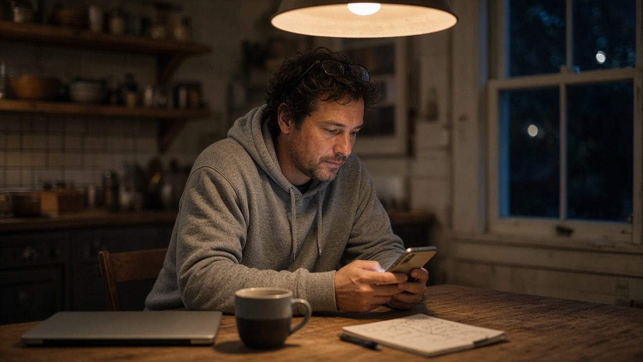 Man checking his phone at a kitchen table, with a closed laptop and a notebook