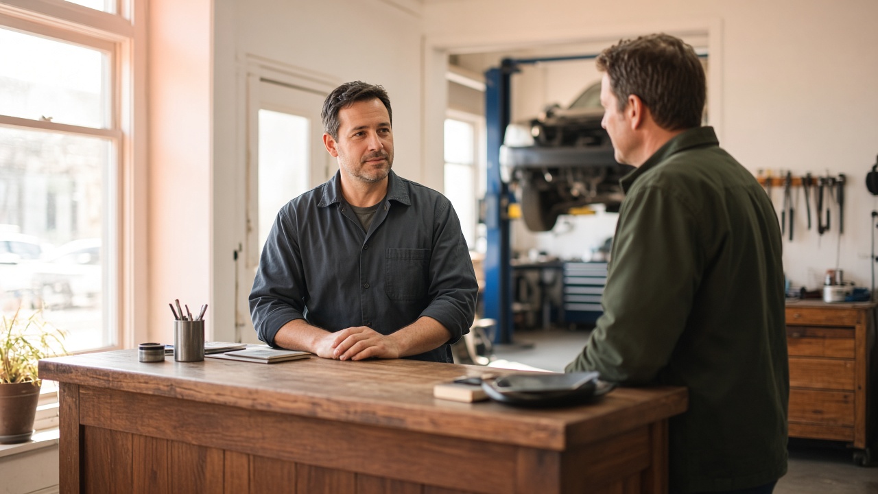 Two men talking across a wooden counter in an auto shop, with a car on a lift behind them
