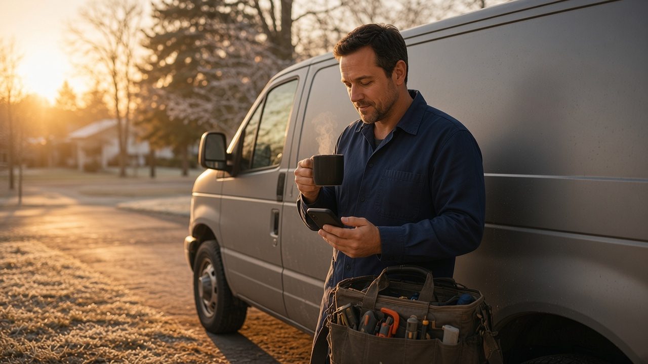 Technician checking a phone beside a service van