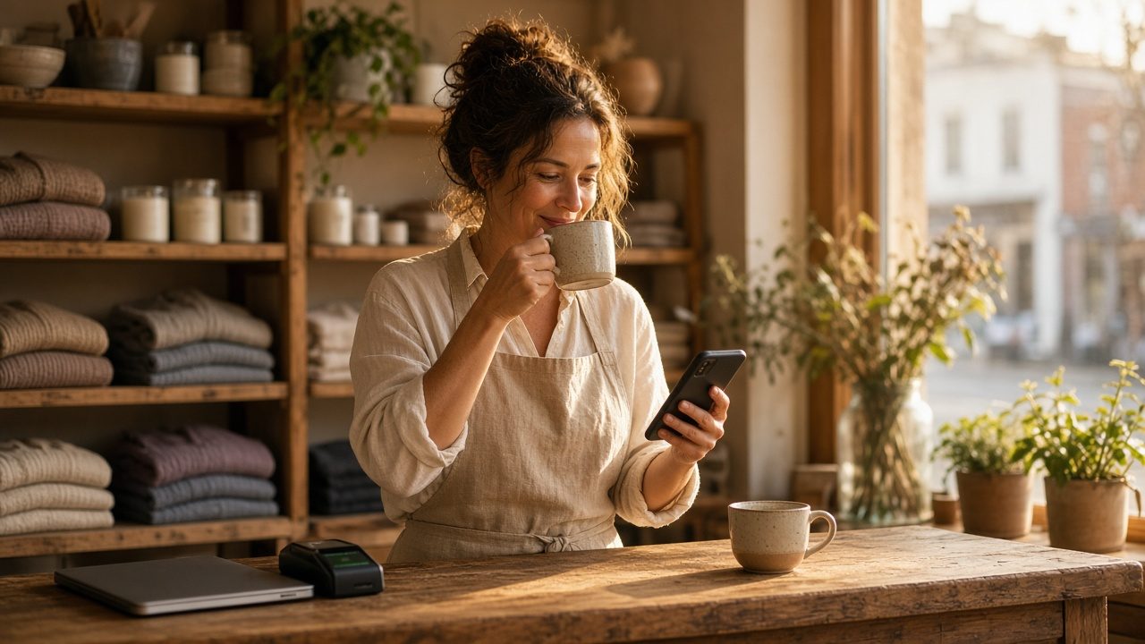Shop owner checking her phone at the counter, coffee in hand