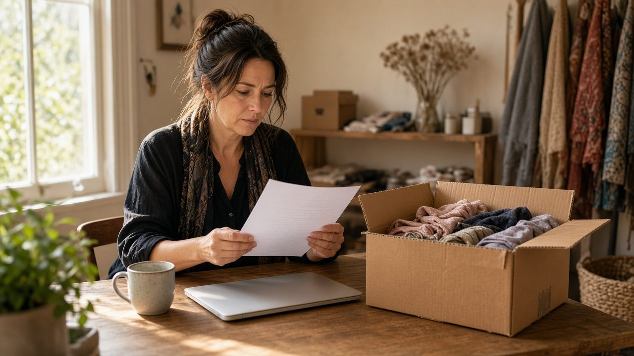 Shop owner reading a page at a table, with a laptop and an open box of folded clothes