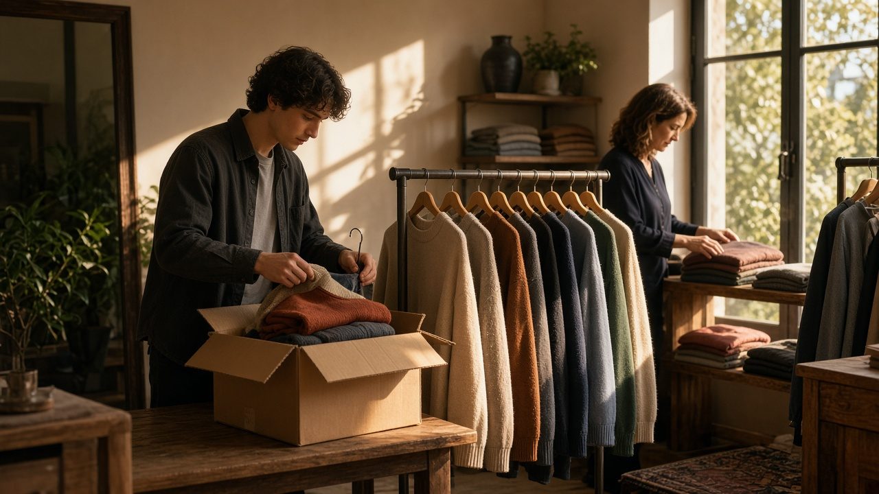 Two people unpacking a clothing shipment