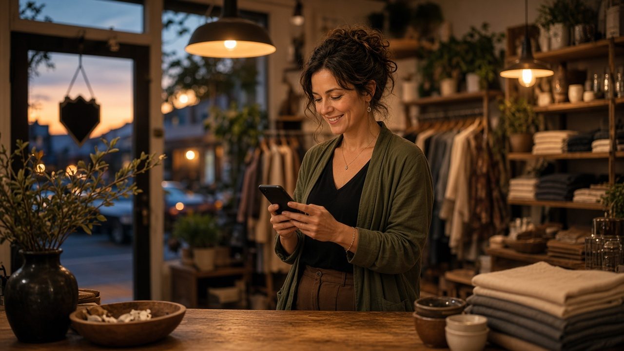 Shop owner checking her phone behind the counter