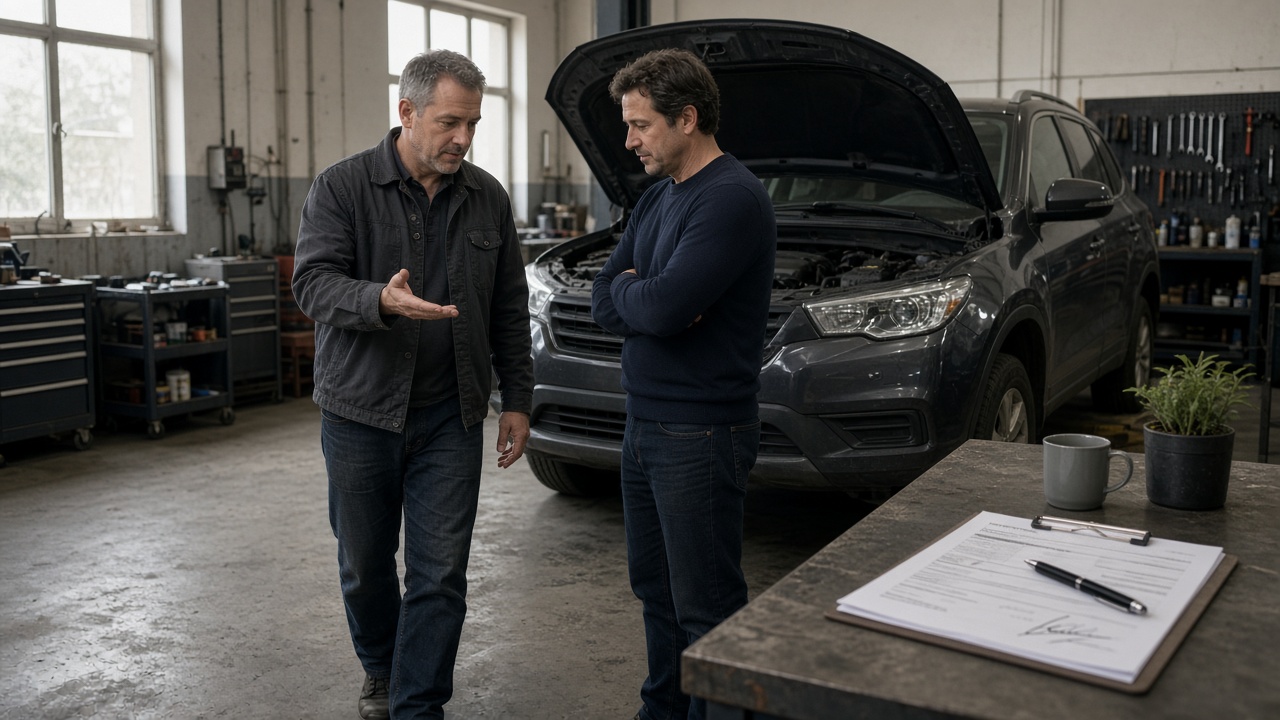 Two men talking beside a car with the hood open in a service shop